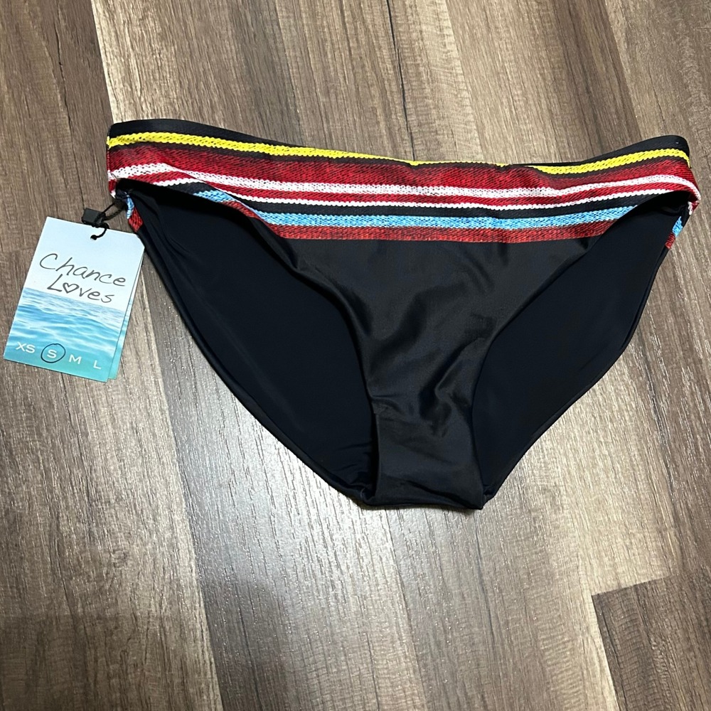 Chance Loves Swim Bikini Bottoms Size S‎ Black Red Striped Swimsuit Beach Resort